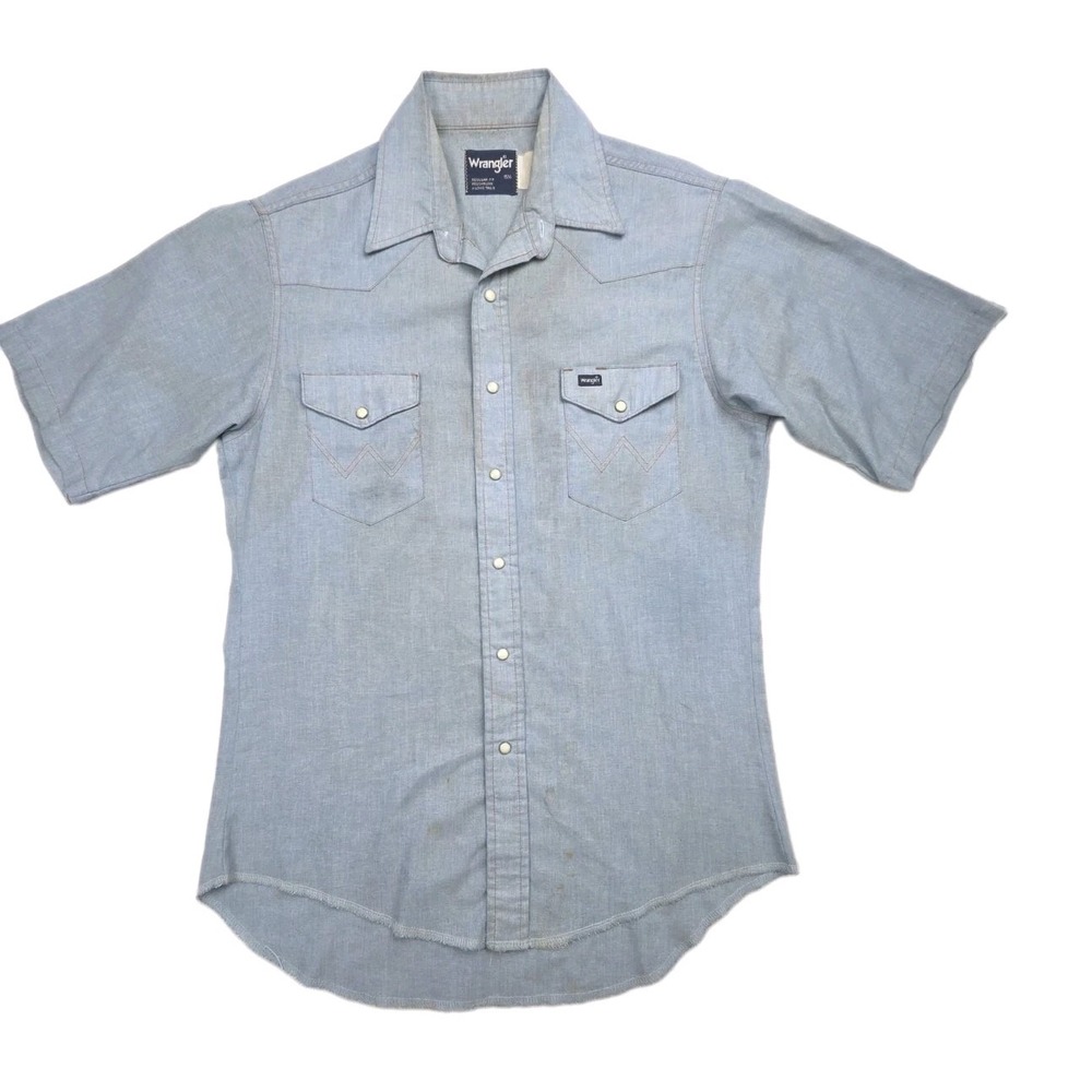 Wrangler Denim Shirt Mens M 15 X-Long Tails Cowboy Western Pearl Snap WRECKED